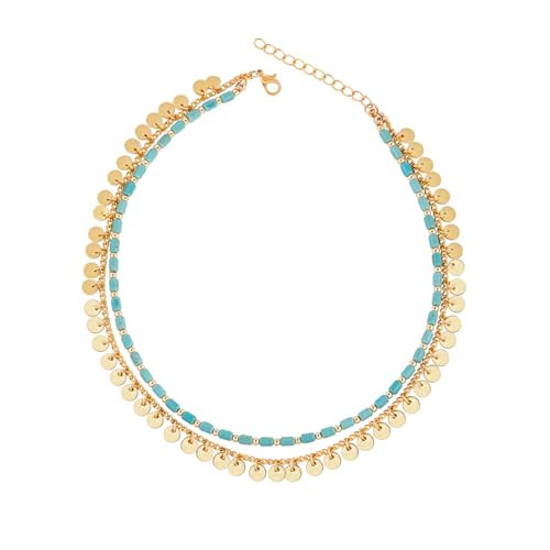 Tan Ran Boho Double Layer Choker Necklace For Women Turquoise Layered Beaded Necklaces - Gold Disc Necklaces Bohemia Sequin Necks Jewelry (Necklace) | Amazon (US)