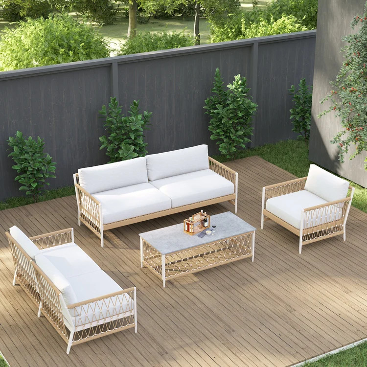 Ropipe 4-Piece Woven Rope Outdoor Sectional Sofa Set in Khaki & White For 6 | Homary