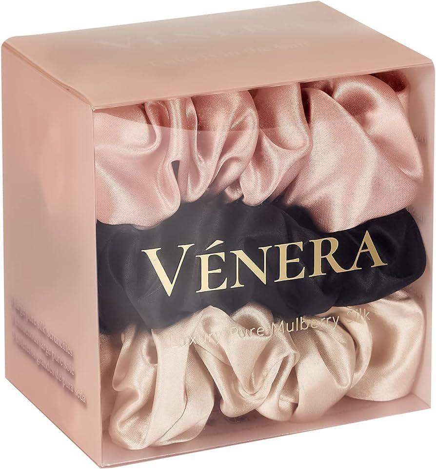 VÉNERA Silk 100% Pure 22 Momme Mulberry Silk Scrunchies- 3 Pieces Silk Hair Ties for Anti-Crease & B | Amazon (US)