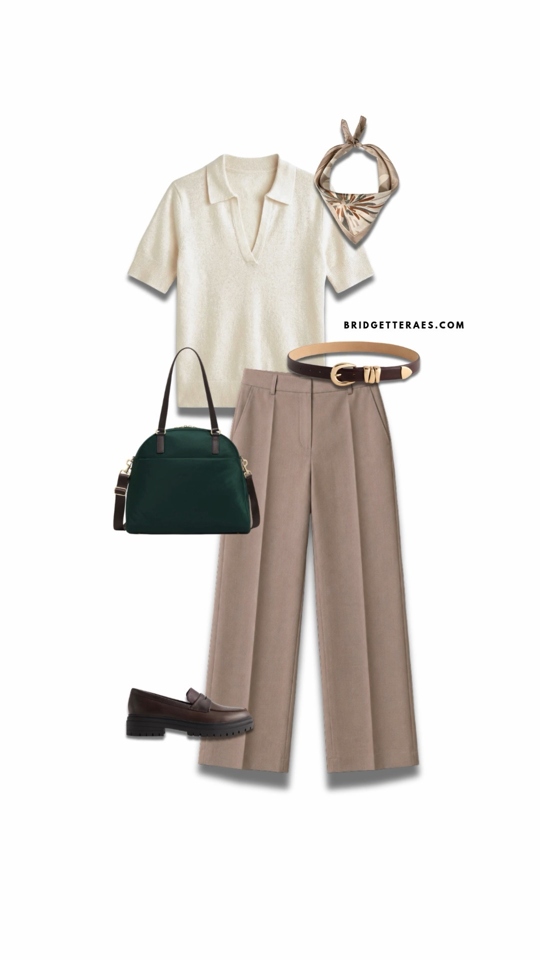 This outfit is quiet luxury at its finest—proof that neutral tones, thoughtful textures, and impeccable tailoring never go out of style. The soft ivory knit polo brings an effortless sophistication with its relaxed collar and refined silhouette, offering a polished alternative to a traditional blouse while maintaining an approachable feel. Paired with perfectly tailored taupe wide-leg trousers, the look feels elegant, elongating, and endlessly versatile. Rich chocolate-brown accessories, from the statement belt to the chunky loafers, add depth and contrast, grounding the lighter palette and creating a timeless, heritage-inspired aesthetic. The deep emerald handbag introduces a sophisticated pop of color that feels unexpected yet completely harmonious, while the silk scarf adds a touch of European-inspired charm and personality. Whether you’re heading to the office, a client lunch, or a day of travel, this ensemble strikes the perfect balance between comfort and polish, delivering a look that feels elevated, confident, and effortlessly chic from morning to evening.

#LTKgrwm #LTKootd #LTKWorkwear