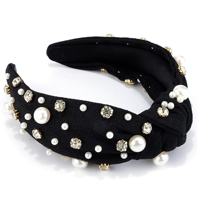 AHONEY Pearl Knotted Headband for Women Girls, Rhinestone Top Knot Crystal Black Jeweled Fashion ... | Amazon (US)