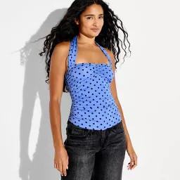 Women's Portrait Halter Top - Wild Fable\u2122 Navy Polka Dots L | Target