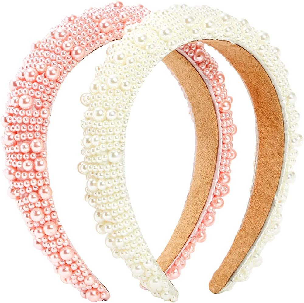 2 Pack Crystal Headbands for Women, Padded Pearl Headband (Light Pink, White) | Amazon (US)