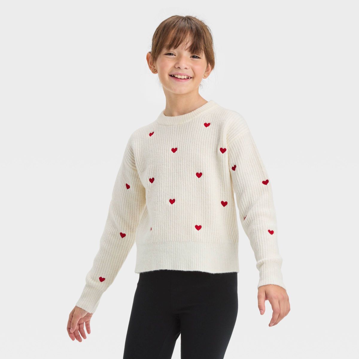 Girls' Embroidered Heart Pullover Sweater - Cat & Jack™ Cream | Target