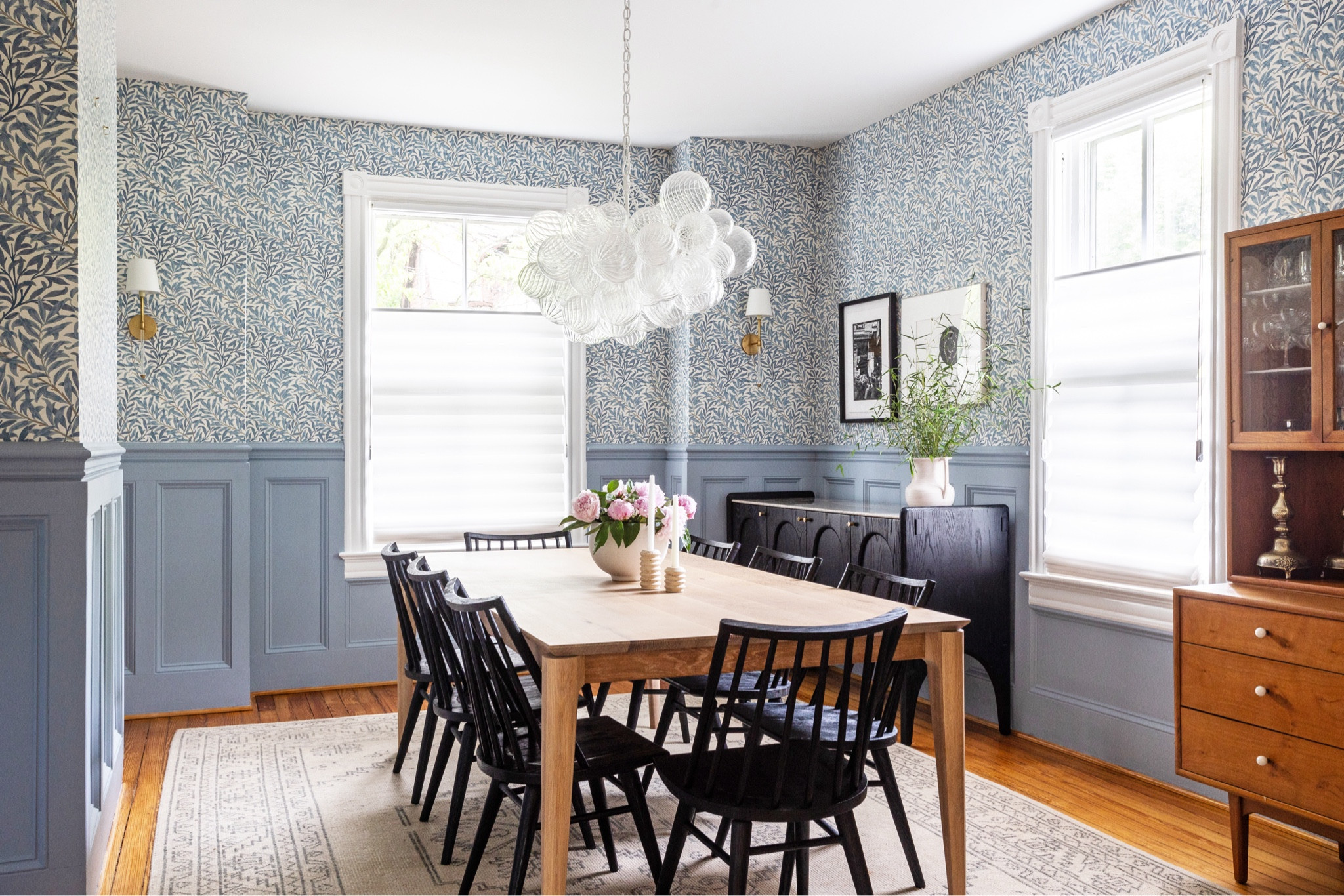 Family dining room, farmhouse, historic, blue, custom paneling, floral wallpaper 

#LTKHome #LTKFamily