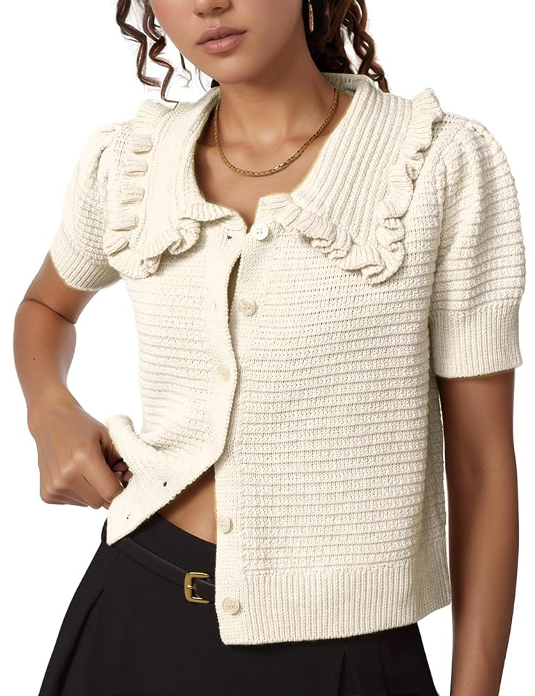 Watashi Womens Short Sleeve Cardigan Casual Button Down Ruffle Collared Lightweight Knittwear Sum... | Amazon (US)