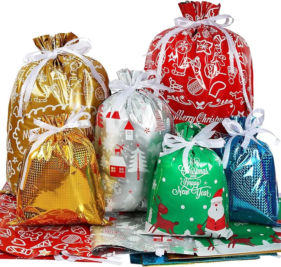 HRX Package 30pcs Foil Drawstring Christmas Gift Bags Assorted Sizes, Holiday Gift Wrapping Sacks... | Amazon (US)