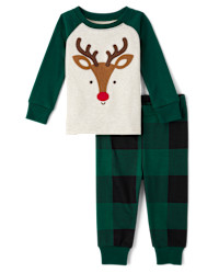 Baby And Toddler Reindeer Face Snug Fit Cotton Pajamas - green | The Children's Place