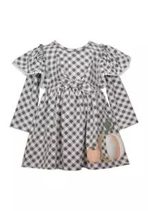 Toddler Girls Long Sleeve Gingham Ruffle Dress with Pumpkin Appliqué | Belk