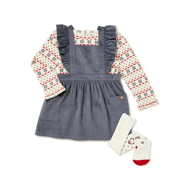 Wonder Nation Baby Girl Christmas Pinafore Dress, Long Sleeve Top & Tights Outfit Set, Sizes 0/3-... | Walmart (US)