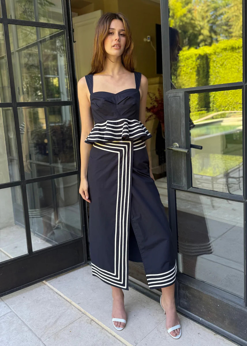 Riley Midi Wrap Pencil Skirt - Navy with White Stripes | Benaar La