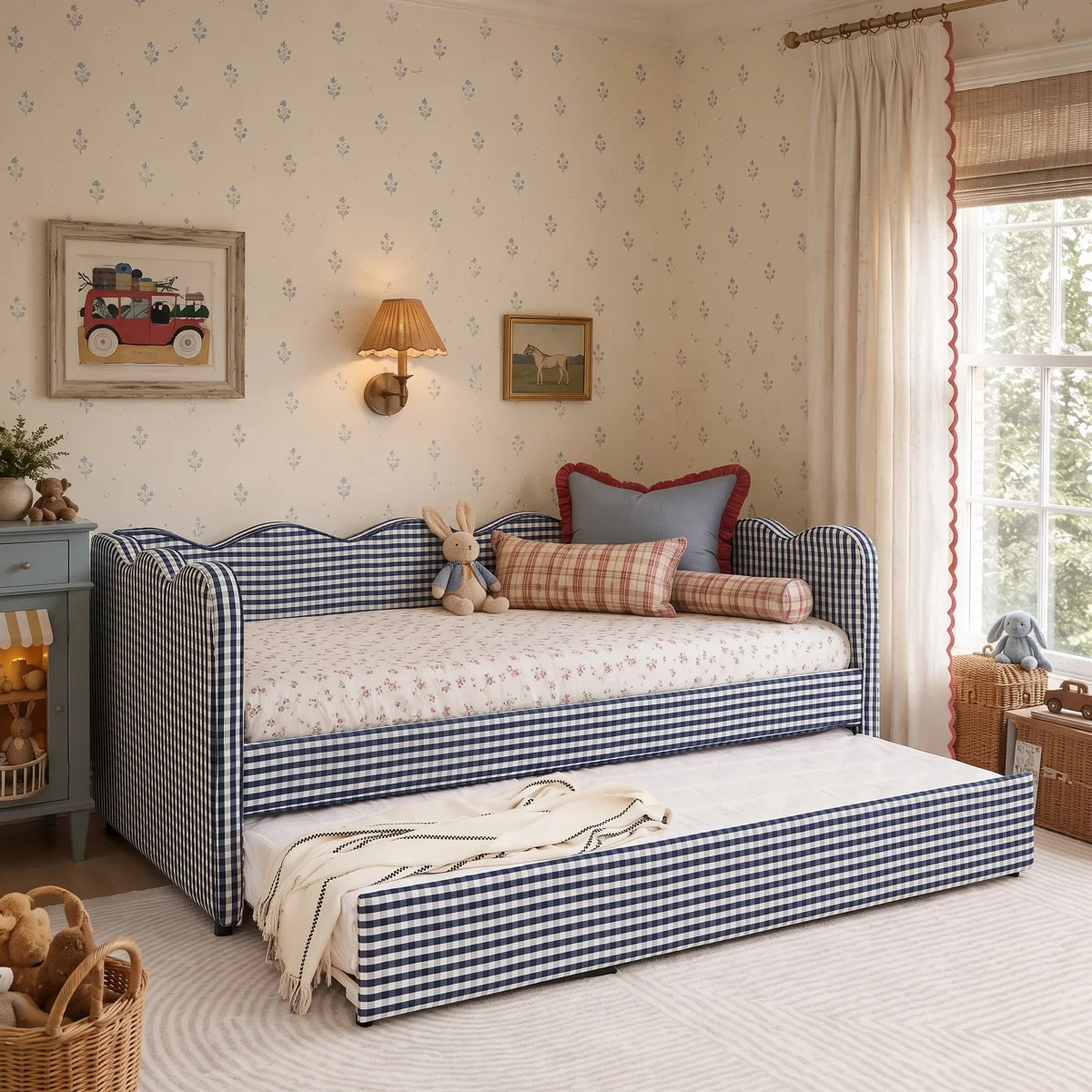Helin Preppy Style Linen Upholstered Daybed with Trundle, USB Port & Wave-Shaped Back | Wayfair North America