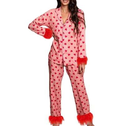 Women Valentine's Day Outfit Y2k Pajamas Set Heart Print Feather Trim Long Sleeve Button Up Pjs Shirt Tops Sleep Pajama Pants 2 Piece Lounge Sets Slee | SHEIN