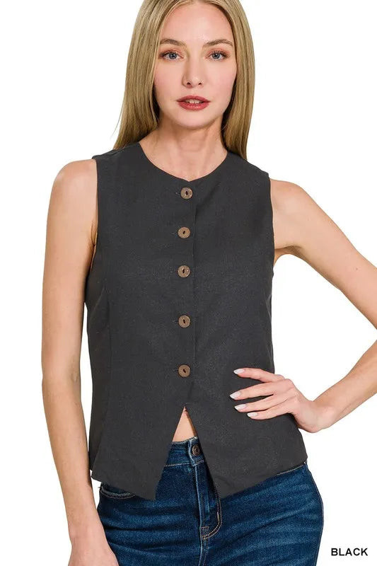 Linen Button Down Vest BLACK / M | Casual Chic Boutique