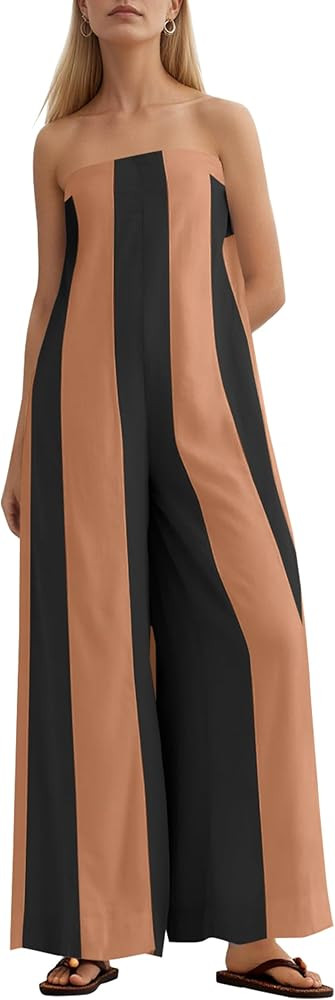 MISSACTIVER Summer Wide Leg Jumpsuits for Women Striped Strapless Long Rompers 2025 Sleeveless On... | Amazon (US)