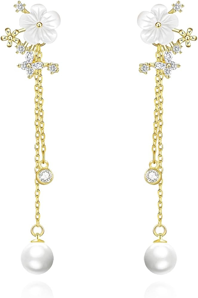 Zeffy Pearl Earrings for Women 14k Gold/Silver Pearl Drop Earrings Long White Pearl Tassel Dangle... | Amazon (US)