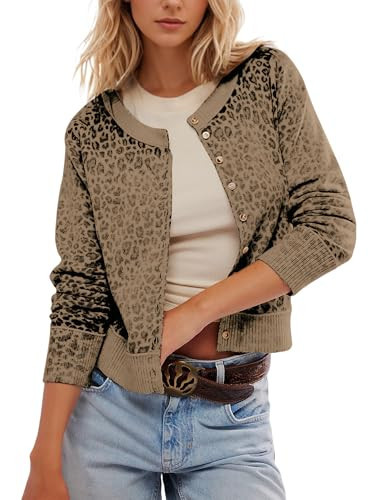 Dsewpaur Leopard Cardigan for Women Long Sleeve Open Front Button Down Cropped Cardigan Sweater Y2K Top Knitwear | Amazon (US)