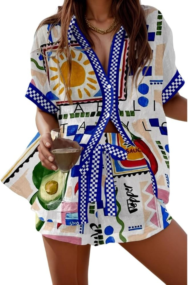 Women's Vacation Beach Two Piece Outfits Casual Floral Button Down Shirt Tops and Drawstring Shor... | Amazon (US)