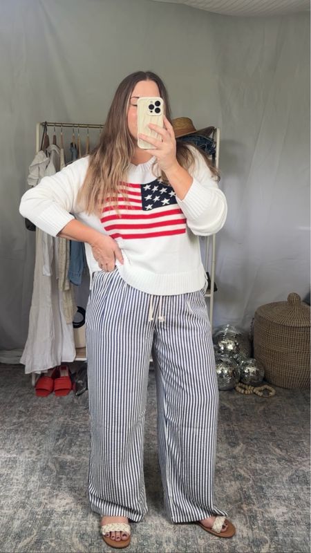American flag sweater and striped pants 

True to size 

#LTKFindsUnder50 #LTKFestival #LTKSeasonal