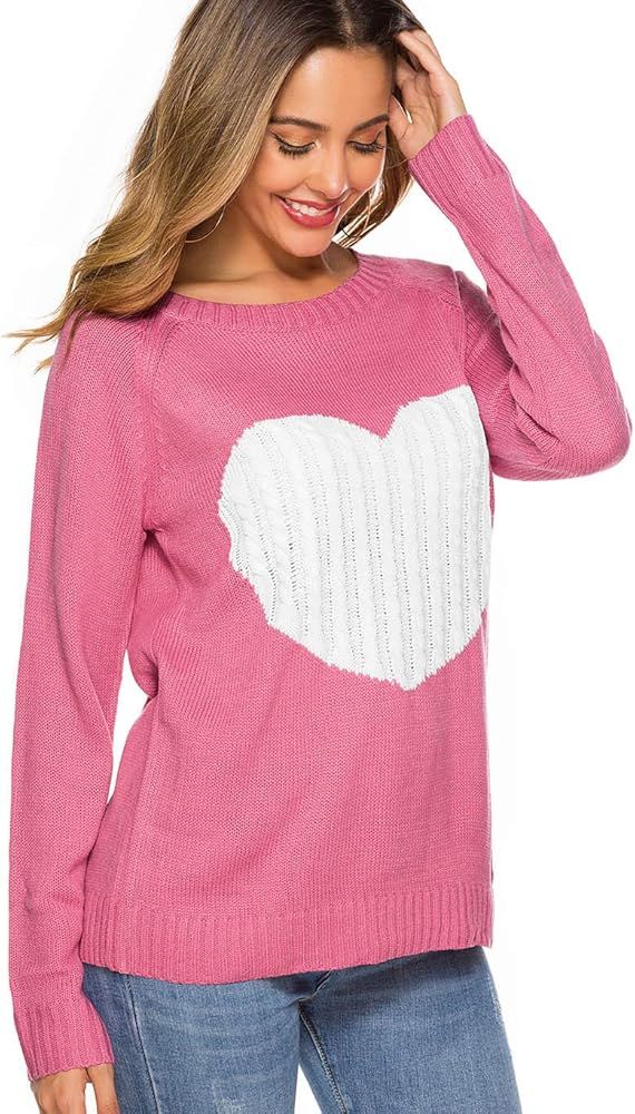 koitmy Women's Long Sleeve Crewneck Knitted Patchwork Cute Heart Sweaters | Amazon (US)