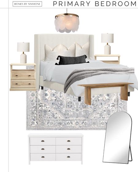 Primary/master bedroom design! Can’t go wrong with this neutral color palette and rustic modern transitional style! Wood nightstands, vintage area rug, arched floor mirror and white dresser all on sale!

#LTKhome #LTKsalealert