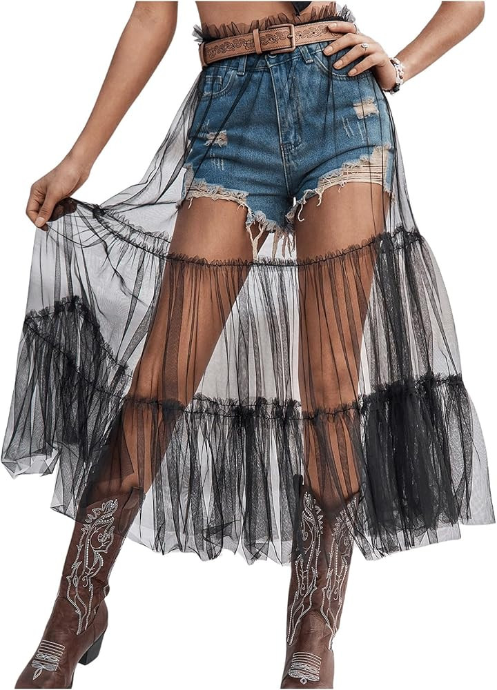 Verdusa Women's Sheer Mesh High Waist Layered Ruffle Hem Midi Skirt | Amazon (US)