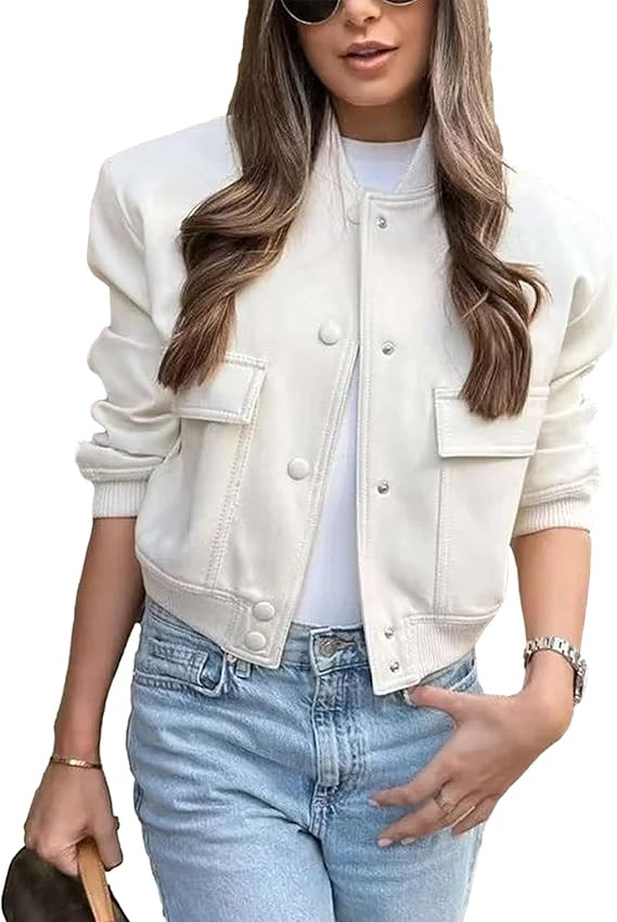 Womens Cropped Bomber Jacket Button Down Varsity Jackets Shackets with Pockets | Amazon (US)