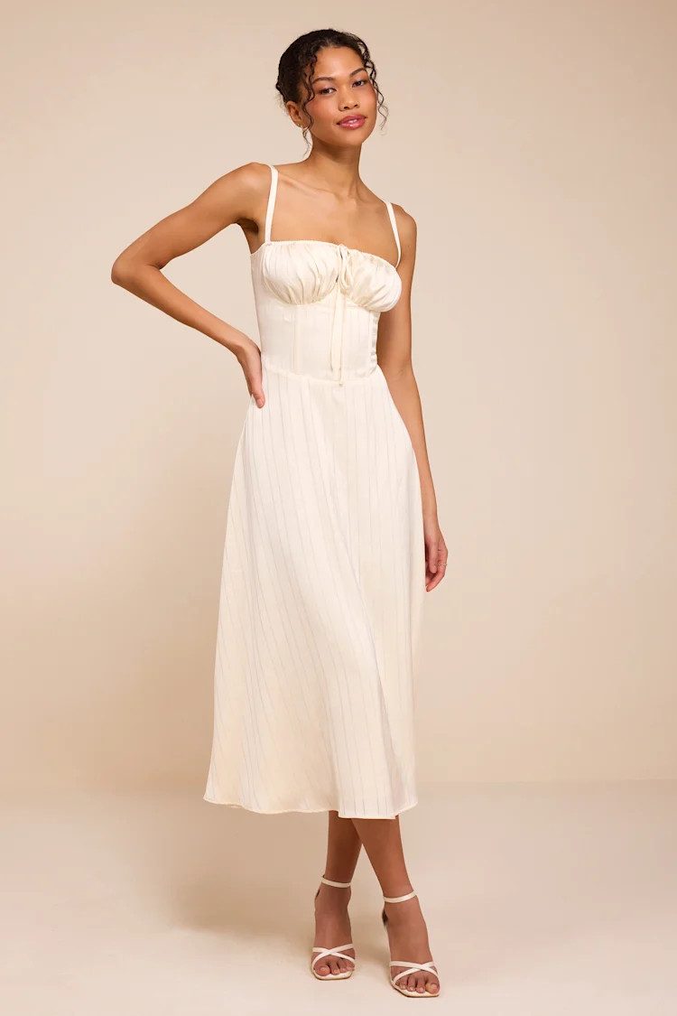 Adlynn Ivory Striped Satin Bustier Midi Dress | Lulus