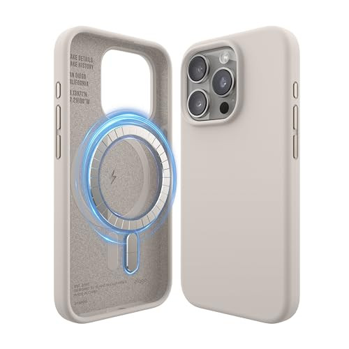 elago Magnetic Silicone Case Compatible with iPhone 15 Pro Case 6.1 Inch Compatible with All MagSafe Accessories - Built-in Magnets, Soft Grip Silicone, Shockproof [Stone] | Amazon (US)