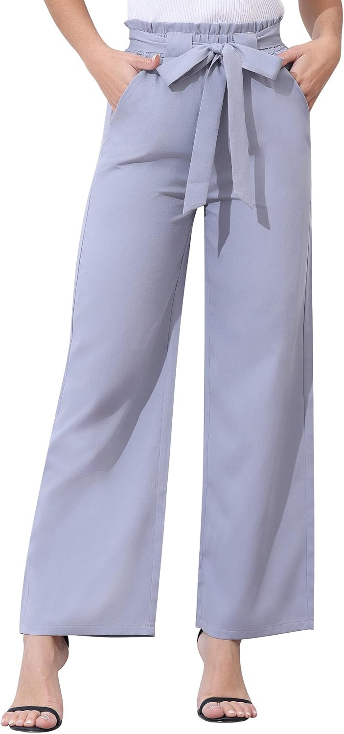 CXXQ Women Straight Leg Pants Ruffle Elastic High Waist Flare Cut Loose Pants Belted with 2 Pocke... | Amazon (US)