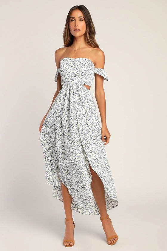 Easy on the Eyes White Floral Print Off-the-Shoulder Maxi Dress | Lulus