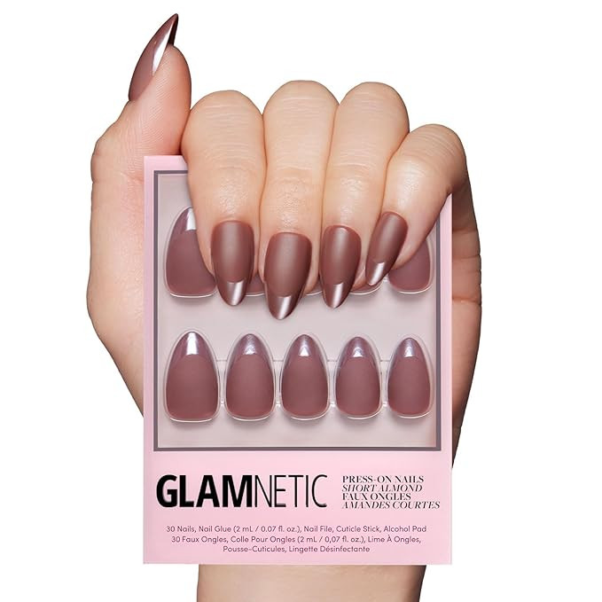 Glamnetic Press On Nails - Terra | Short Almond Dark Brown Nails with Glossy French Tips in a Mat... | Amazon (US)