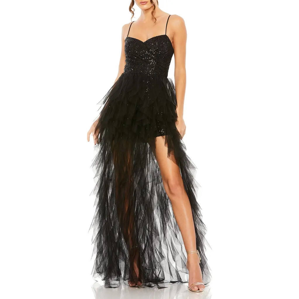 Mac Duggal Ruffle High Low Tiered Train Sequin Mini Dress in Black at Nordstrom, Size 2 | Nordstrom