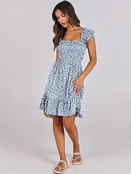 ANRABESS Women's Summer Casual Sleeveless Square Neck Dress 2026 Smocked Ruffle Backless Boho Bea... | Amazon (US)