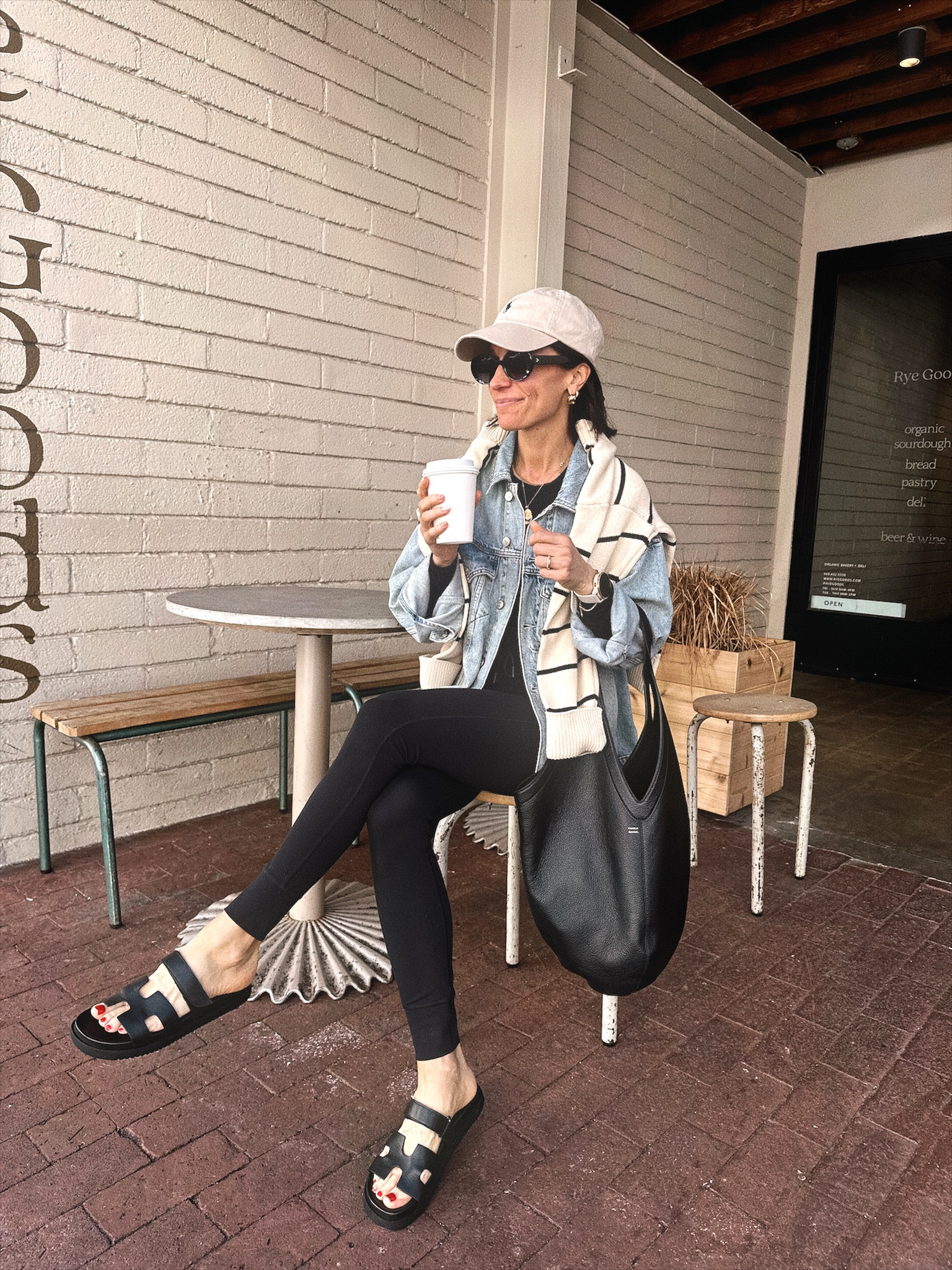 Hike to lunch outfit with an oversized denim jacket and slides 
Slides run tts and are so comfortable 
Denim jacket is old reformation, linked similar options 
Outfit from march’s capsule wardrobe 

#LTKover40