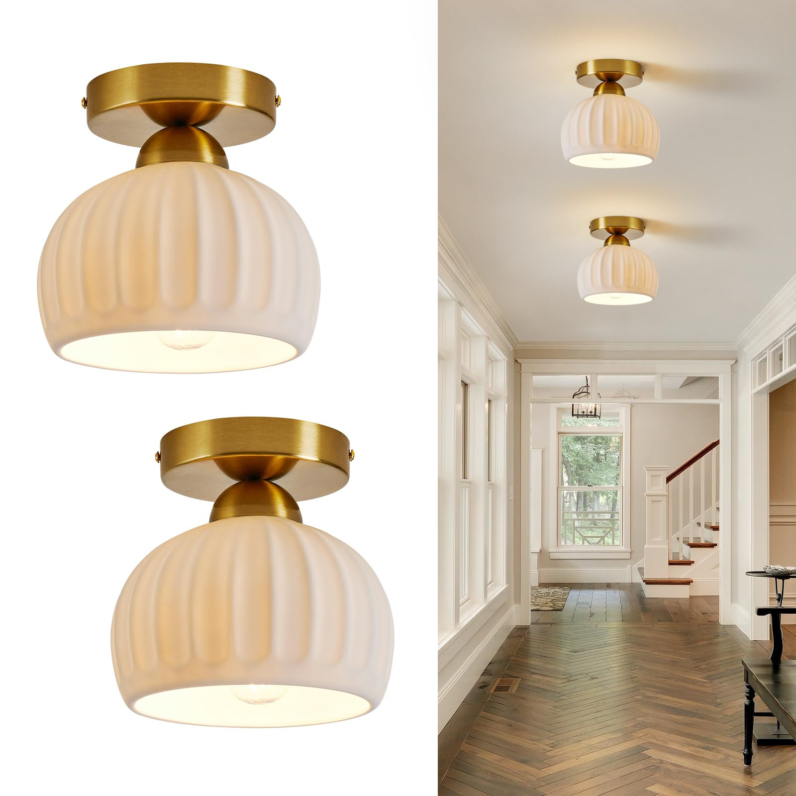 Vintage Ceramic Semi Flush Mount Ceiling Light - 2 Pack, Gold Hallway Light Fixtures, White Globe... | Amazon (US)