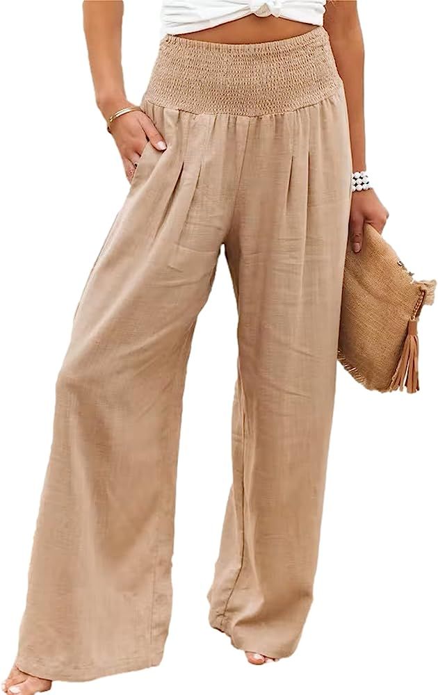 Zontroldy Cotton Linen Wide Leg Palazzo Beach Pants for Women Casual Elastic High Waist Smocked L... | Amazon (US)
