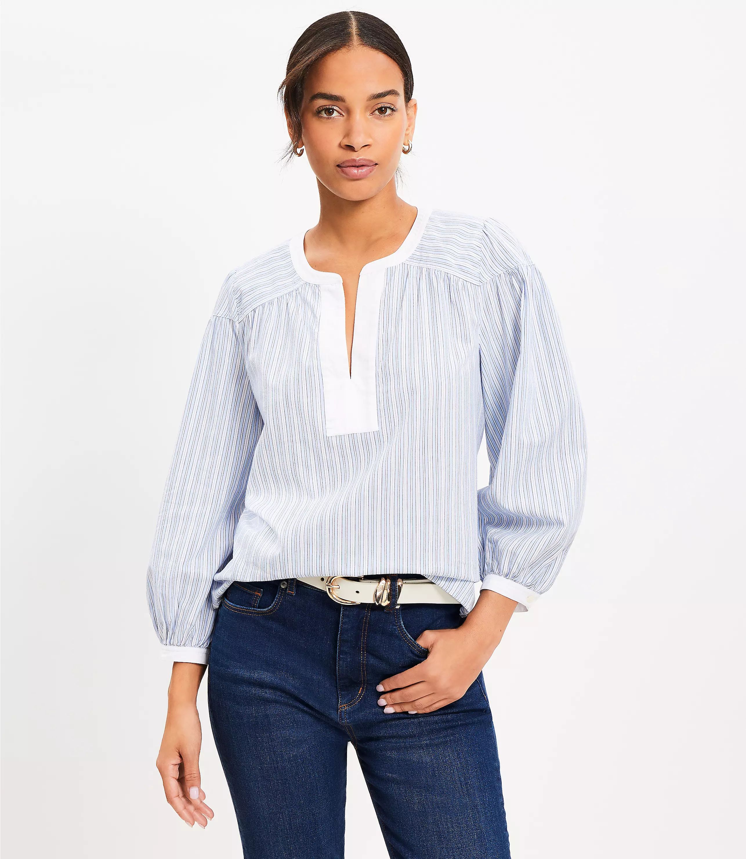 Striped Split Neck Popover | LOFT