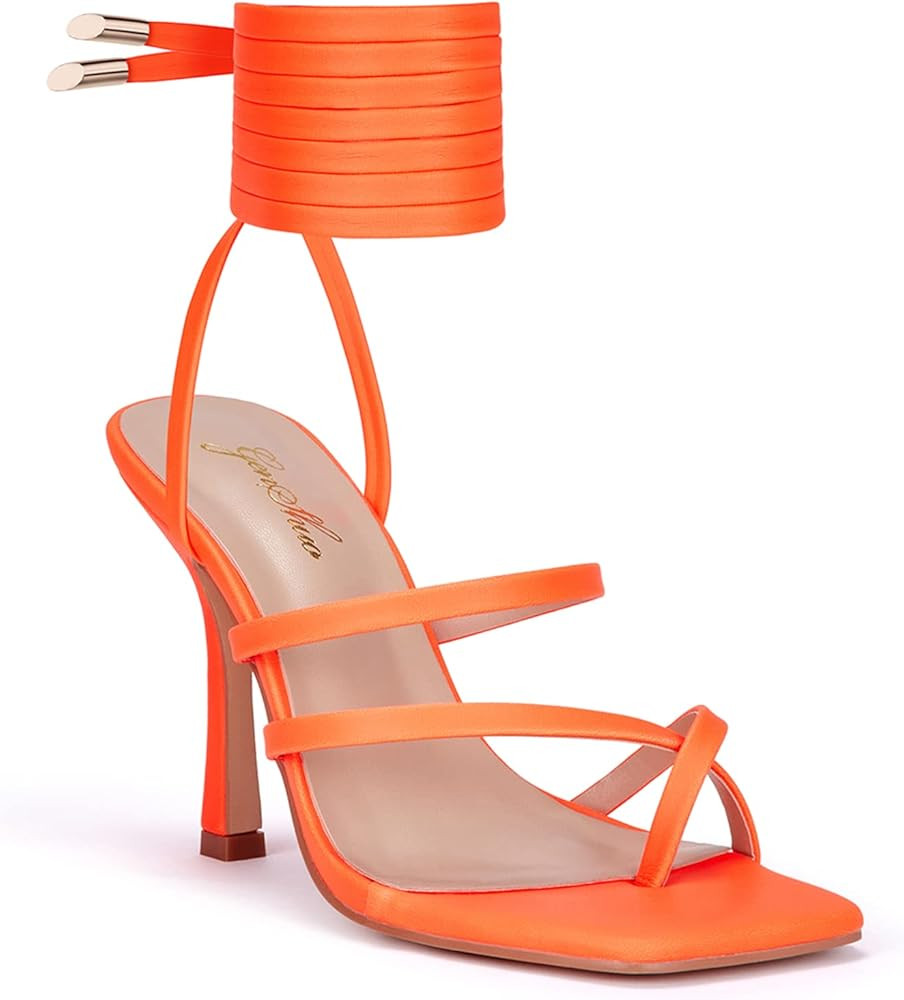 GENSHUO Women's heeled Sandals Stiletto Strappy Heels Sexy Open Square Toe Lace up Stilettos Part... | Amazon (US)