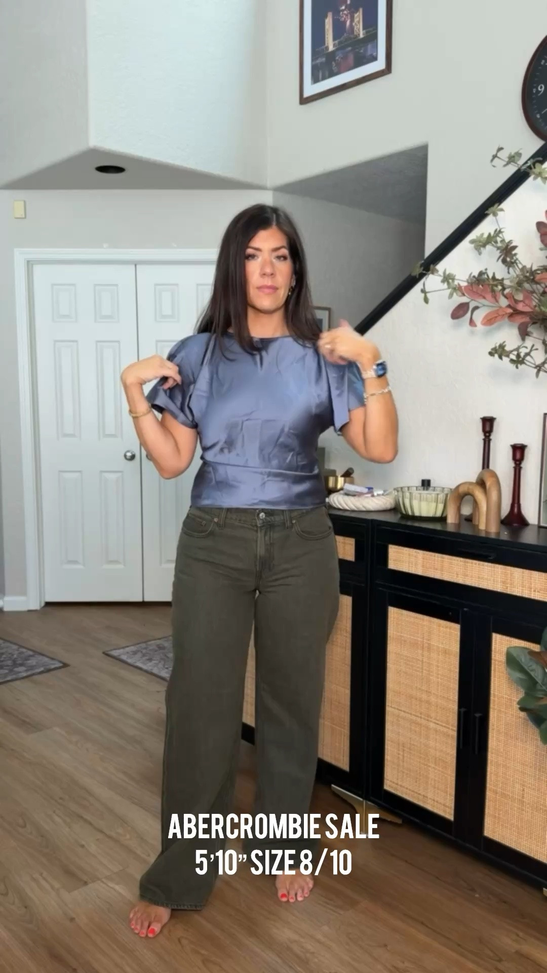 In a medium satin top and 29 long curvy jeans Midsize fashion, Abercrombie, fall fashion, fall style, trendy fashion, casual outfits, fall outfits, mom style, fall tops, going out top