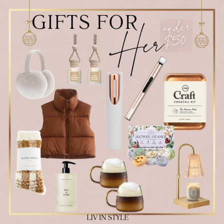 An all Amazon gift guide for her under $50! Car air freshener, craft cocktail, socks, bath essentials, coffee cups, candle lamp, electric lighter, ear muffs, puffer vest, wine opener, shower steamers 

#LTKSeasonal #LTKGiftGuide #LTKHoliday
