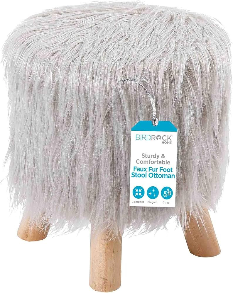 BIRDROCK HOME Faux Fur Foot Stool Ottoman – Upholstered Vanity Chair w/Natural Wood Legs - Soft... | Amazon (US)