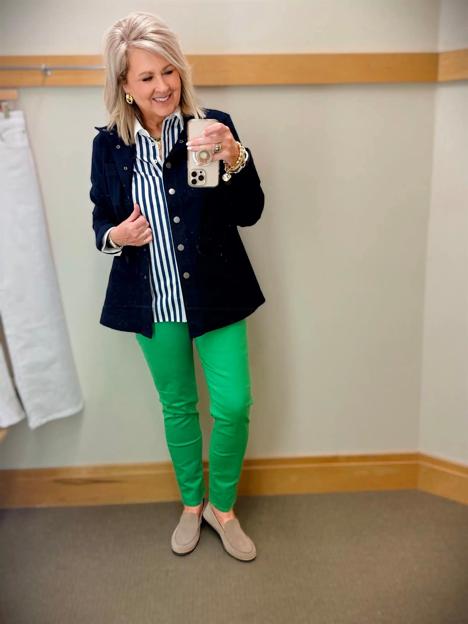 These fun green jeans are bold for Spring! I styled them this week with a yellow printed blouse, but they work well with neutral pieces too. Medium twill jacket | medium striped shirt | size 8 jeans 

#LTKWorkwear #LTKOver40 #LTKootd
