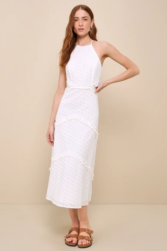 Perfectly Serene White Eyelet Ruffled Tie-Back Midi Dress | Lulus