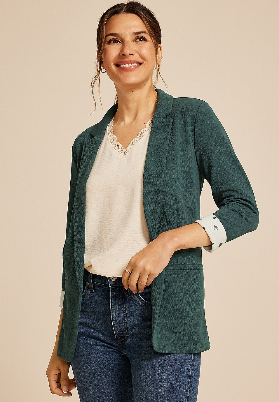 Versa Printed Cuffed 3/4 Sleeve Blazer | Maurices