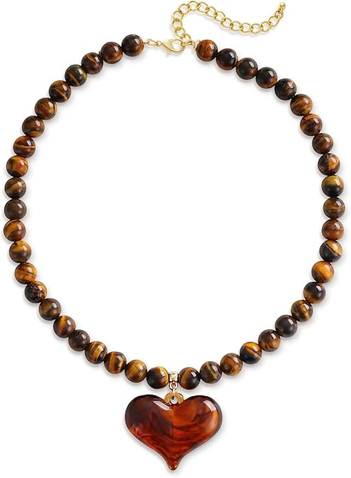 Chunky Stone Beaded Necklace Amber Puffy Resin Heart Pendant Necklace for Women - Tiger Eye Vinta... | Amazon (US)