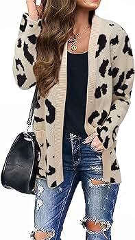 II ININ Women's Open Front Long Sleeve Knit Cardigan Sweaters Pockets Leopard Outwear | Amazon (US)