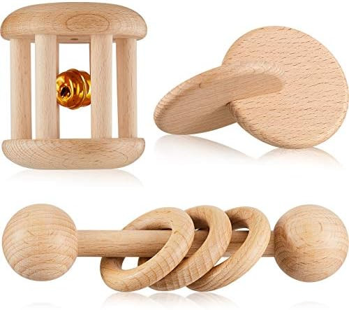 3 Pieces Wooden Rattle Wood Bells Rattles Beech Wooden Interlocking Discs Montessori Toys Wood Teeth | Amazon (US)