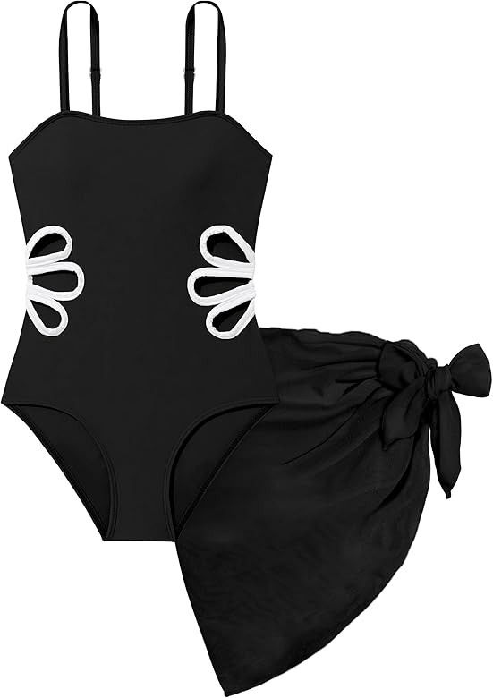 Girls Swimsuit, Adjustable Straps Cut Out One Piece Bathing Suit with Solid Color Cover Up Skirt ... | Amazon (US)