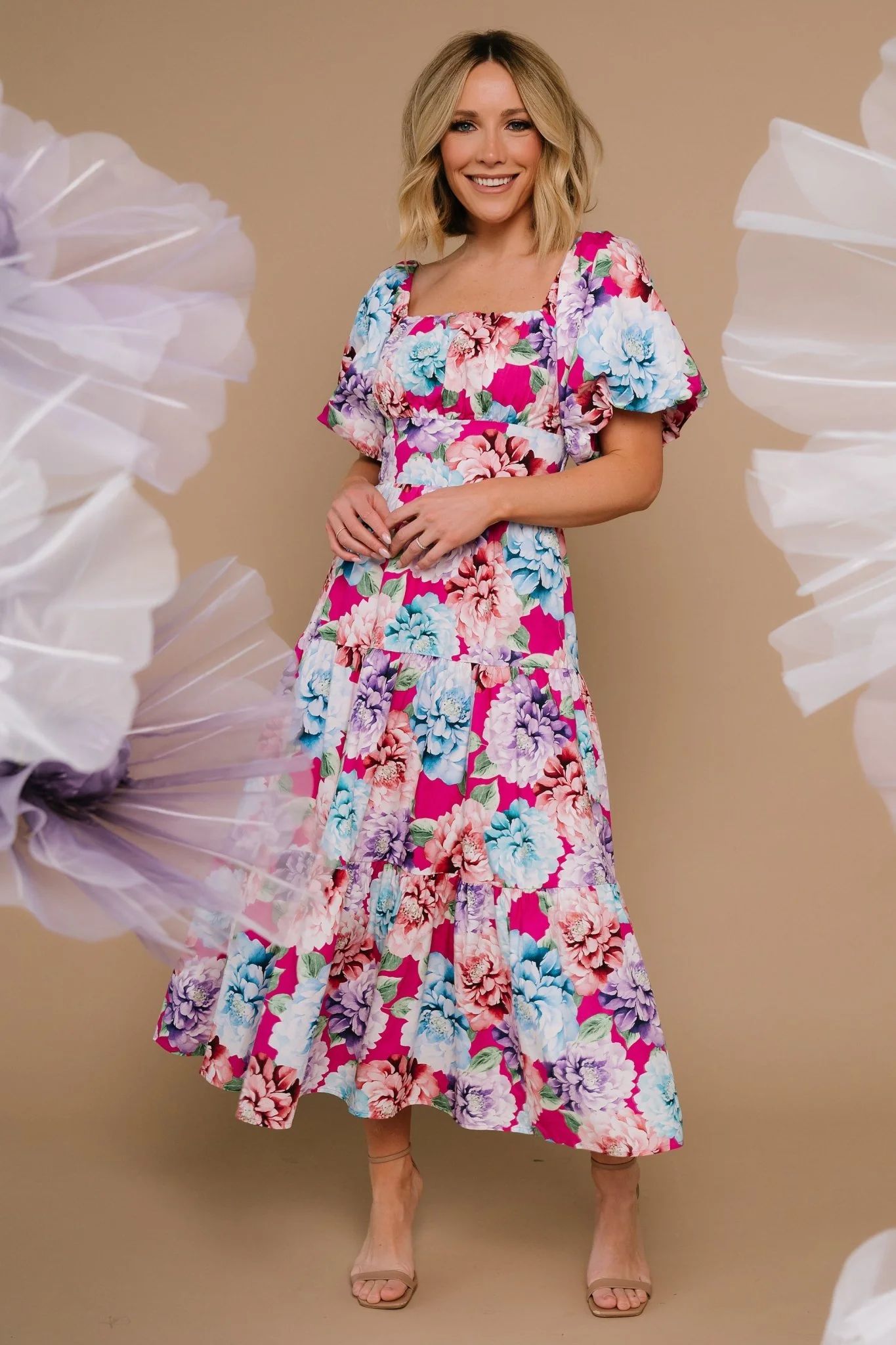 Iva Puff Sleeve Midi Dress | Fuchsia Multi Floral | Baltic Born
